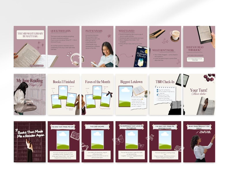 Full bundle preview of burgundy aesthetic Bookstagram carousel templates showing multiple swipe posts including book rating posts, reading lists, book swaps, and book recommendations designed for Instagram book creators.