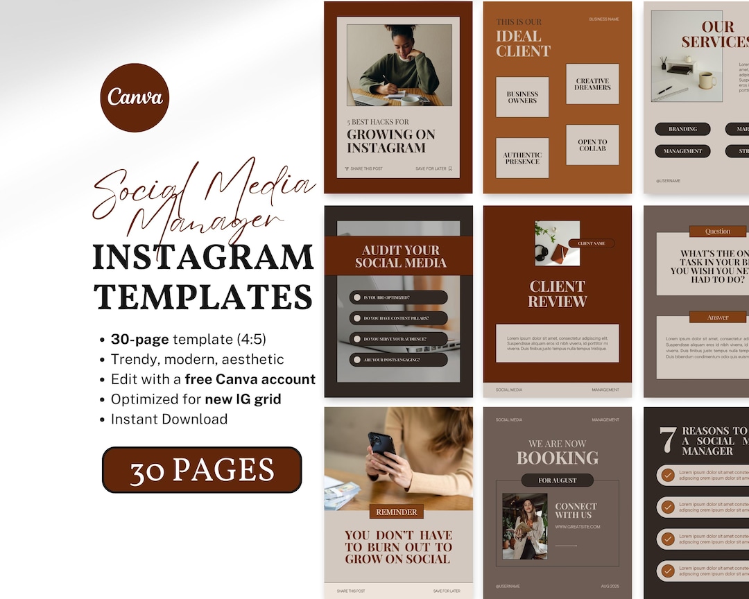 Instagram Templates Canva for Social Media Managers | 30 Editable Posts ...