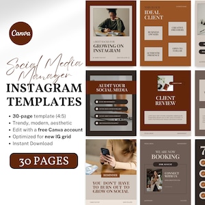 May include: Instagram template set for social media managers, featuring a 30-page template with a trendy, modern, and aesthetic design. The templates are optimised for a new IG grid and are editable with a free Canva account. The colour scheme includes brown, beige, and white.
