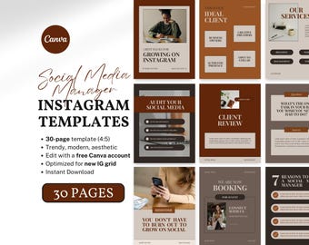 Instagram Templates Canva for Social Media Managers | 30 Editable Posts for Entrepreneurs, Creators, Influencers Trendy Modern Minimal IG