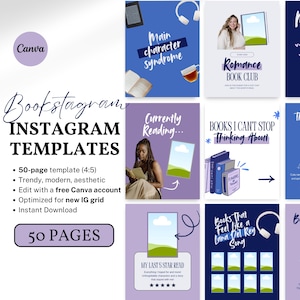 May include: A collection of Bookstagram Instagram templates with a Canva logo. The templates are trendy, modern, and aesthetic, with 50 pages in a 4:5 ratio. The templates are optimized for a new IG grid and include an instant download.