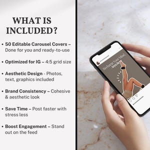 What’s included page flat lay, Canva fitness & wellness carousel templates, minimal viral Instagram pack with trendy clean aesthetic for creators and coaches.