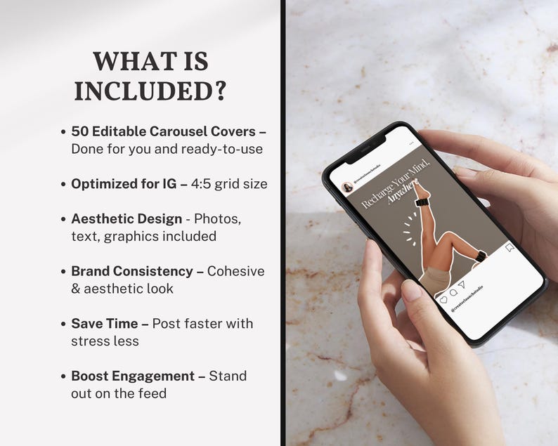 What’s included page flat lay, Canva fitness & wellness carousel templates, minimal viral Instagram pack with trendy clean aesthetic for creators and coaches.