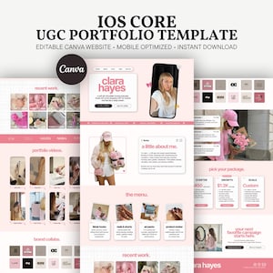 May include: An editable Canva website template titled IOS CORE UGC PORTFOLIO TEMPLATE. The design features a soft pink and white color scheme with sections for recent work, portfolio videos, brand collaborations, and service packages.
