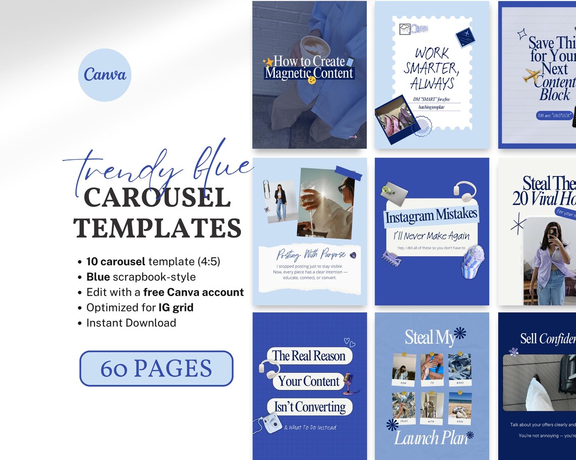 60 Bold Blue Instagram Carousel Canva Templates Editable Aesthetic ...