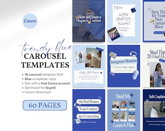 60 Bold Blue Instagram Carousel Canva Templates Editable Aesthetic Social Media Templates Digital Product Sellers Coaches Viral Scrapbook