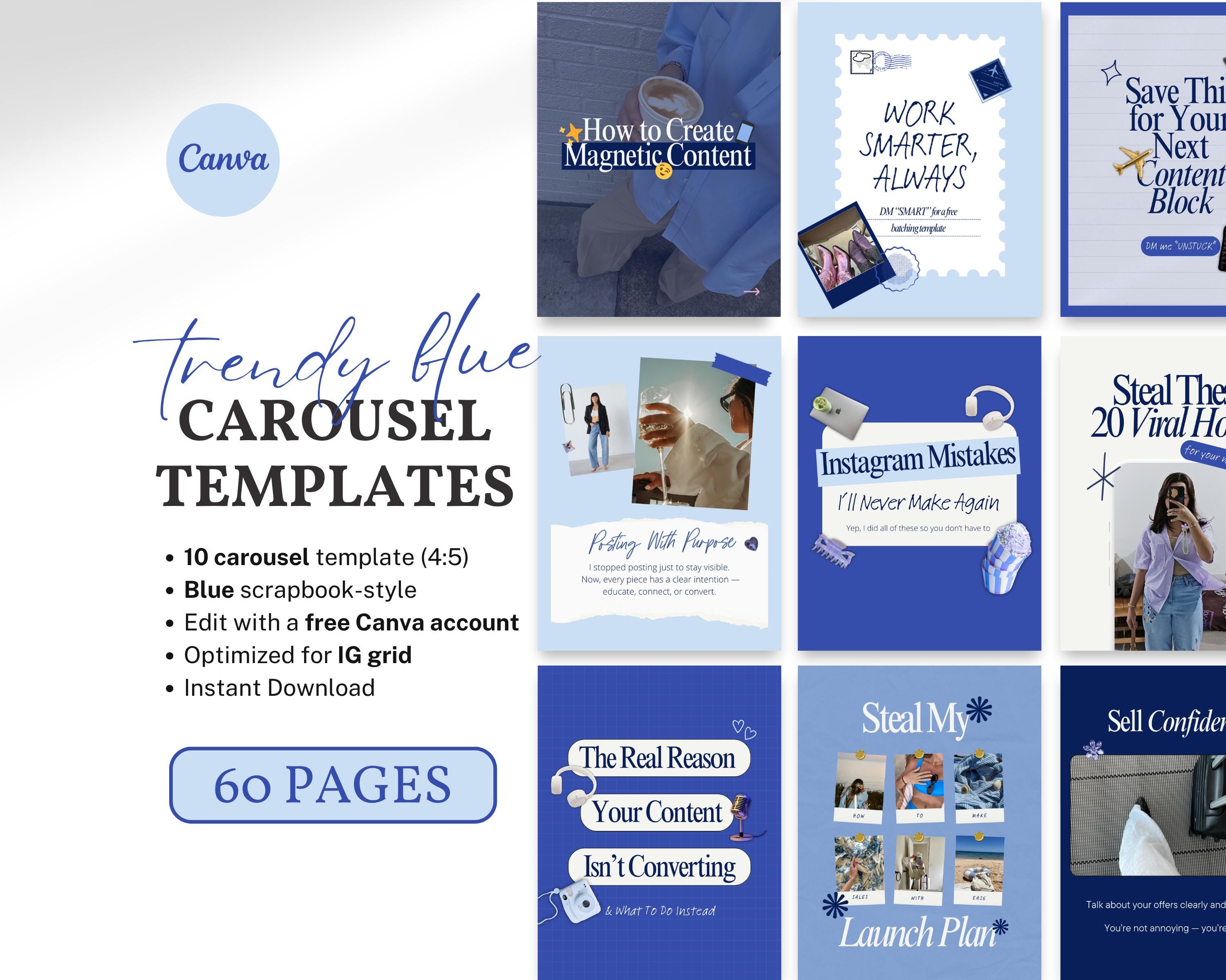 60 Bold Blue Instagram Carousel Canva Templates Editable Aesthetic ...