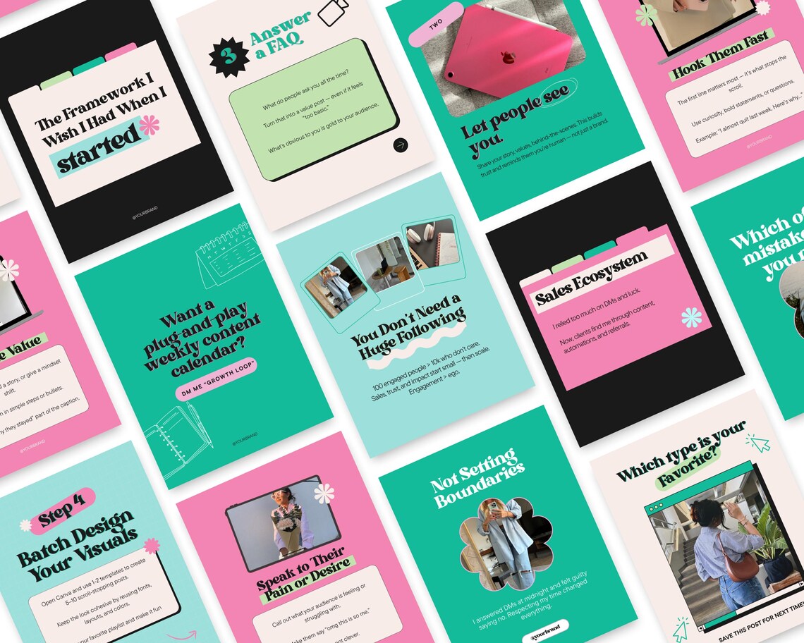 Retro Instagram Carousel Templates in Pink Teal Green 50 Viral ...
