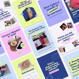 Flat lay of vibrant 4:5 Instagram templates in neon colors. Includes editable Canva slides perfect for storytelling, sales, and engagement posts.