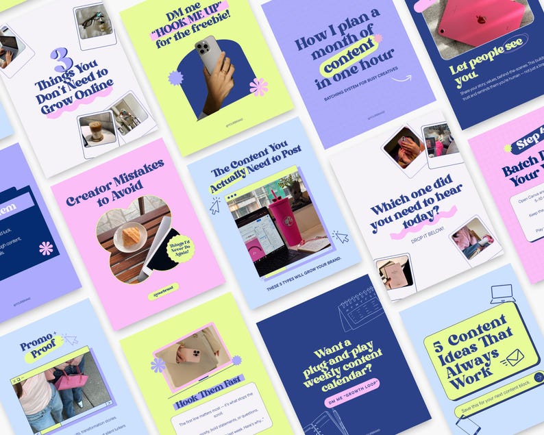 Flat lay of vibrant 4:5 Instagram templates in neon colors. Includes editable Canva slides perfect for storytelling, sales, and engagement posts.