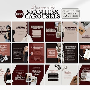 May include: A set of burgundy and cream-coloured social media templates with text overlays. The Canva logo is visible, along with the words "Burgundy Seamless Carousels." The templates feature various content ideas and design elements.