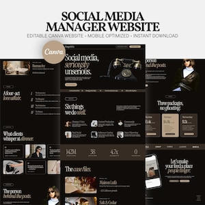 May include: A digital website template for social media managers featuring a dark color palette with serif typography. The layout includes sections titled Social Media, seriously unserious, Six things we do well, and The case files, with a Canva logo.