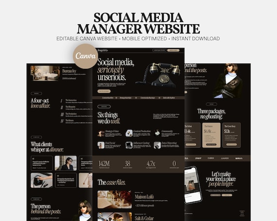 Editorial Social Media Manager Canva Website Template | Luxury Freelancer Portfolio | Dark Creative Brand Agency Website | SMM Landing Page