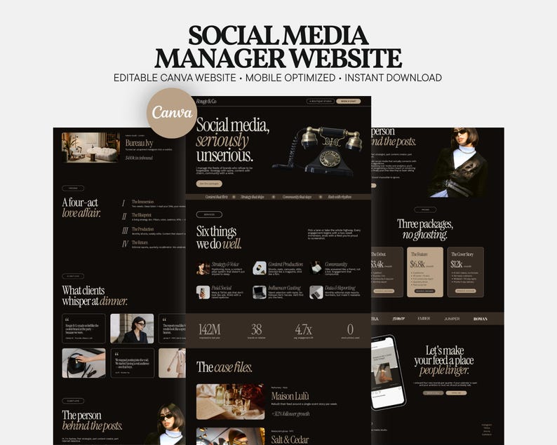 May include: A digital website template for social media managers featuring a dark color palette with serif typography. The layout includes sections titled Social Media, seriously unserious, Six things we do well, and The case files, with a Canva logo.