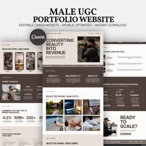 May include: A digital portfolio website template for Canva featuring a neutral colour palette of beige and dark brown. The layout includes sections for selected work, video snippets, brand statistics, and contact information with text headers.