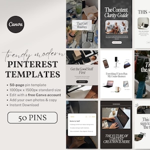 Può includere: Una raccolta di modelli Pinterest dal design moderno. I modelli includono un modello di pin da 50 pagine, dimensioni standard di 1000 x 1500 pixel e la possibilità di modificare con un account Canva gratuito. L'immagine include anche il testo "50 PINS".