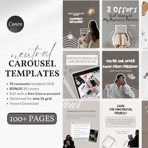 Puede incluir: Un collage de 10 plantillas de carrusel de tonos neutros para Instagram, con superposiciones de texto como "3 ofertas que cambiaron mi negocio para siempre" y "Estás a una oferta de la libertad". Las plantillas están diseñadas para una nueva cuadrícula de IG e incluyen más de 100 páginas.