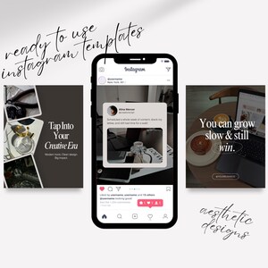 Ready-to-Use Templates. Editable Instagram post templates on a phone screen and flat lay display – trendy, minimal design ready for immediate use in Canva.