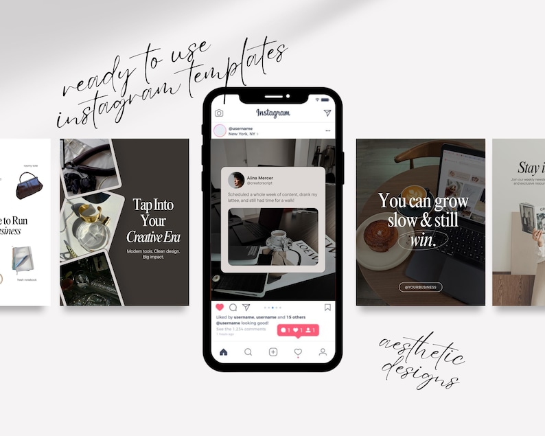 Ready-to-Use Templates. Editable Instagram post templates on a phone screen and flat lay display – trendy, minimal design ready for immediate use in Canva.