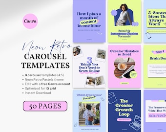Retro Instagram Carousel Templates Neon Editable Aesthetic IG Canva Template Viral TikTok Carousel Colorful Digital Product Sellers Coaches