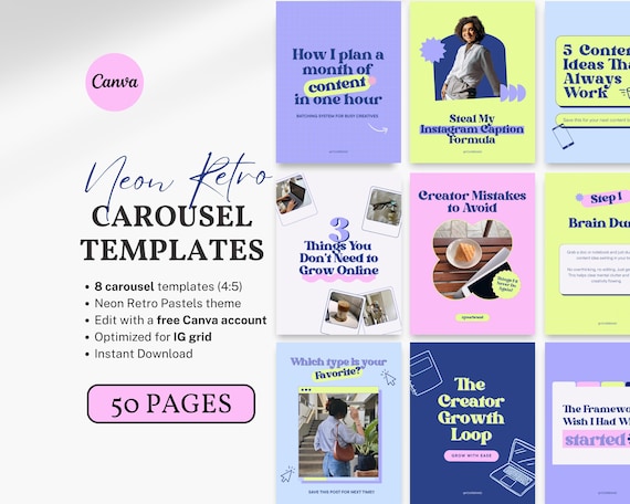 Retro Instagram Carousel Templates Neon Editable Aesthetic IG Canva Template Viral TikTok Carousel Colorful Digital Product Sellers Coaches