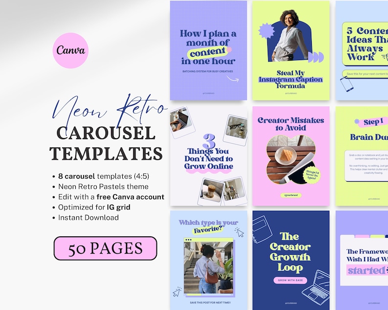 Preview of bold retro neon Instagram carousel Canva templates in lime green, lavender purple, bright pink, and blue. Editable in free Canva account, optimized for creators and coaches.