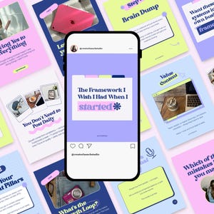 Mobile screen preview of retro neon Canva carousel in bright pink, lime green, lavender, and blue. Optimized for Instagram carousels.