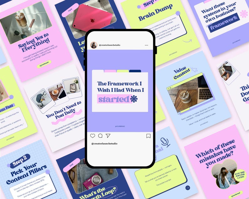 Mobile screen preview of retro neon Canva carousel in bright pink, lime green, lavender, and blue. Optimized for Instagram carousels.