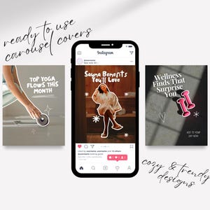 Trendy ready-to-use Canva fitness and wellness carousel templates, clean girl aesthetic mock on phone with flat lay, minimal design for viral social media content.
