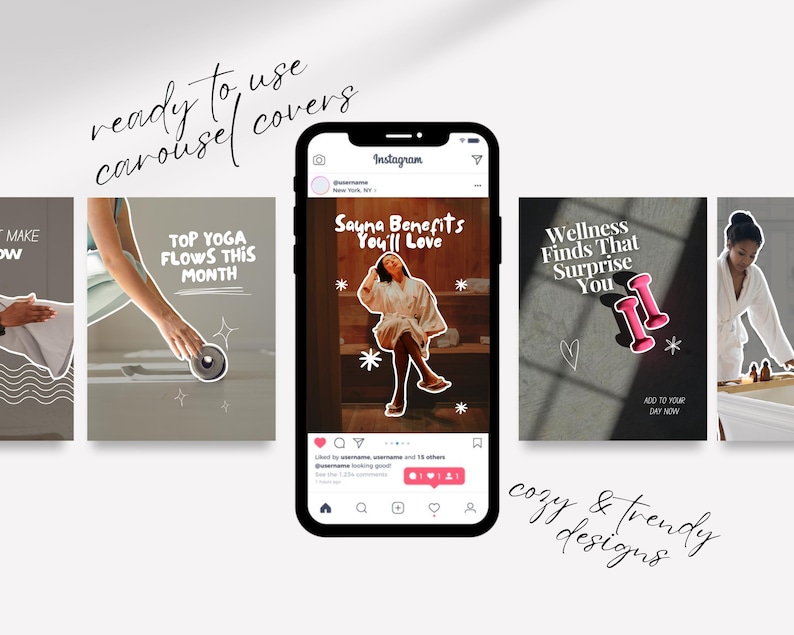Trendy ready-to-use Canva fitness and wellness carousel templates, clean girl aesthetic mock on phone with flat lay, minimal design for viral social media content.