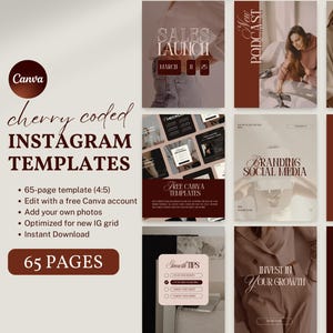 Peut inclure: Un ensemble de 65 modèles Instagram dans un schéma de couleurs rouge cerise et crème. Les modèles comportent du texte tel que "Lancement des ventes", "Nouveau podcast", "Branding des médias sociaux", "Tendances des créateurs de contenu pour", "Investissez dans votre croissance" et "Conseils de croissance".