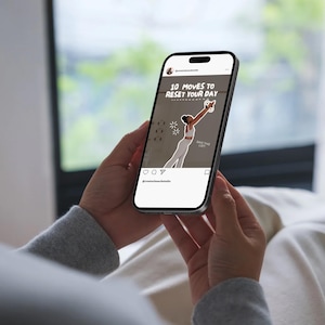Woman holding phone with Canva template mockup, trendy fitness and wellness Instagram carousels, clean aesthetic viral content templates for social media.