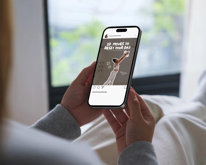 Woman holding phone with Canva template mockup, trendy fitness and wellness Instagram carousels, clean aesthetic viral content templates for social media.
