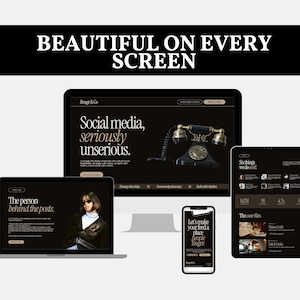 May include: A digital display showing a website titled Rouge & Co across a desktop monitor, a laptop, a tablet, and a smartphone. The dark-themed interface features serif typography, a vintage telephone graphic, and text reading Beautiful on every screen.