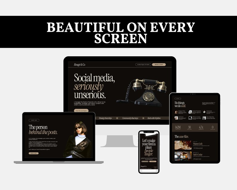 May include: A digital display showing a website titled Rouge & Co across a desktop monitor, a laptop, a tablet, and a smartphone. The dark-themed interface features serif typography, a vintage telephone graphic, and text reading Beautiful on every screen.