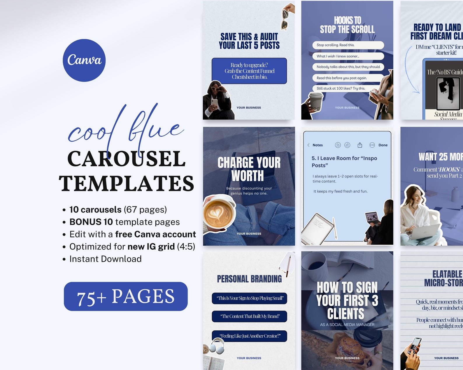 Cool Blue Instagram Carousel Canva Templates Editable Aesthetic Social ...