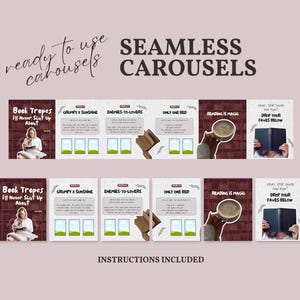 Preview of seamless Instagram carousel templates for Bookstagram creators showing multiple 6-slide carousels designed to flow continuously across posts, aesthetic burgundy Canva templates ideal for book reviewers, authors, and book content creators.