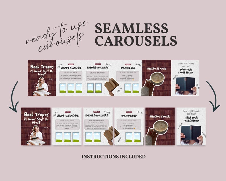 Preview of seamless Instagram carousel templates for Bookstagram creators showing multiple 6-slide carousels designed to flow continuously across posts, aesthetic burgundy Canva templates ideal for book reviewers, authors, and book content creators.
