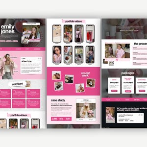 Full-page overview of a pink creator portfolio website template featuring photo galleries, video showcases, testimonials, pricing sections, and professional branding layouts.
