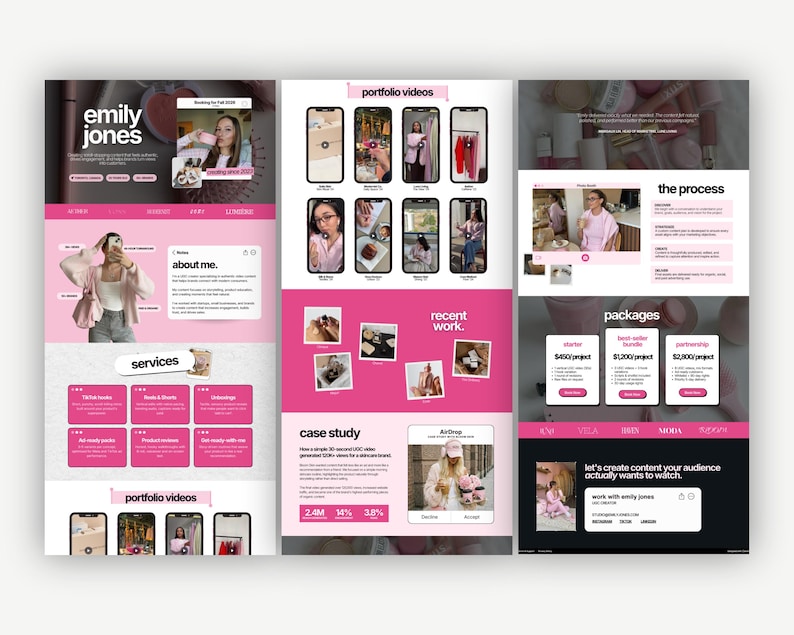 Full-page overview of a pink creator portfolio website template featuring photo galleries, video showcases, testimonials, pricing sections, and professional branding layouts.