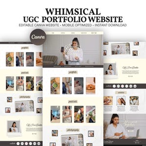 Può includere: Un modello digitale per un sito web portfolio con una combinazione di colori crema chiaro e marrone scuro. Il layout include sezioni per portfolio, annunci a pagamento e fotografia, con segnaposto per immagini e testo e il logo Canva.