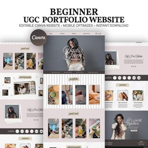 Può includere: Un modello digitale per un sito web portfolio UGC per principianti, caratterizzato da una combinazione di colori rosa tenue e grigio. Il layout include sezioni per fotografia, annunci a pagamento e servizi, con immagini segnaposto e il testo "Nadia Green UGC Creator".