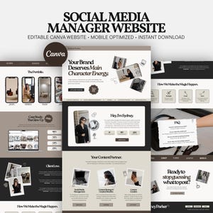 Puede incluir: Una plantilla de sitio web digital para gestores de redes sociales con una paleta de colores neutros en negro, blanco y beige. El diseño incluye secciones para portafolios, testimonios de clientes y servicios con el texto Social Media Manager Website.