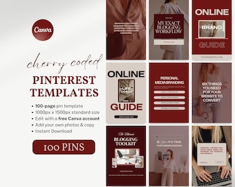 100 Cherry Coded Pinterest Templates Canva Red Editable Pin Templates Bloggers Coaches Creators Pinterest Marketing Business Templates Pins