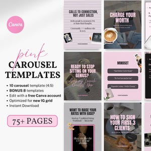 May include: Pink and white digital marketing carousel templates for Instagram. The templates feature text such as "Calls to Connection, Not Just Sales", "Charge Your Worth", "Ready to Stop Sitting on Your Genius?", "Mindset", "Define Your Power Niche", "Want to Raise Your Rates with Ease?", "How to Sign Your First 3 Clients", and "No Content Funnel".