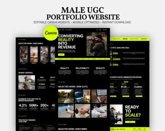 Modèle de portfolio UGC masculin pour site web Canva, site de vidéaste, kit média moderne pour hommes, page de destination avec grille tarifaire pour créateurs de contenu et influenceurs