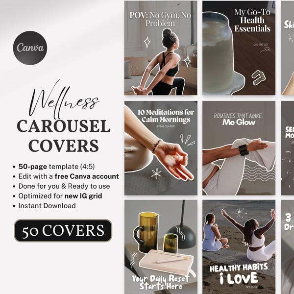 Wellness Carousel Covers IG Templates Aesthetic Viral Social Media Post for Health Coaches, Creators, Wellness Brands | Health Posts Fitness