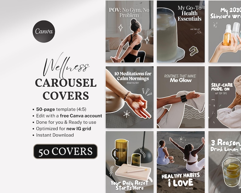 Flat lay of clean girl aesthetic fitness and wellness Instagram carousel templates, minimal Canva mock pages with fresh design, trendy viral wellness content pack for creators and coaches.