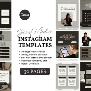 May include: A collection of Instagram templates with a modern, aesthetic design. The templates are for social media and include 30 pages, optimized for a new IG grid, and are editable with a free Canva account.