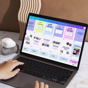 Someone Editing on Canva. Person editing carousel templates on Canva with a laptop. These 4:5 neon Instagram templates are drag-and-drop easy and require no design skills.